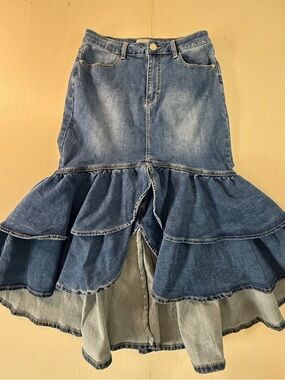 Denim Asymmetrical Ruffle Skirt - Blue